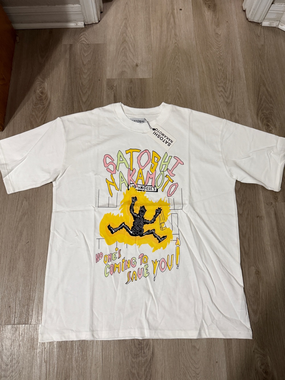 Satoshi Nakamoto- Los Angeles Graphic Tee - White with Yellow & Pink Print